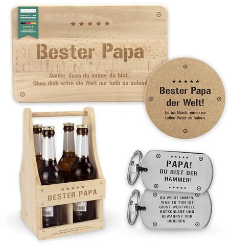 LAUBLUST Geschenk-Set für Papa - Geschenk zum Vatertag mit Text | Frühstücksbrettchen, Schlüsselanhänger, Korkuntersetzer, Bierträger Holz als Vater Geschenke | Geschenkidee zu Weihnachten, Geburtstag