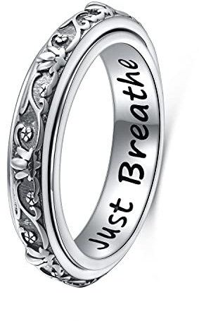 DAOCHONG Fidget-Ring, S925 Sterlingsilber, Lotusblume, Yoga, einfach atmen, Angst- und Sorgenband, oxidierter Stressabbau, Langeweile, ADHS, Autismus, Spinnerringe für Frauen und Männer