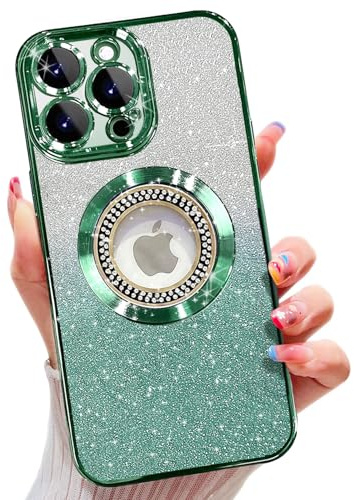 Misscase for iPhone 16 Pro Magnetic Glitter Case,Cute Full Protection Slim Shockproof Anti-Scratch Bling Sparkly Case with Camera Lens Protector, Logo View Dust-Proof Net for Women Green