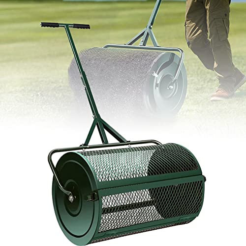 Lawn & Garden Spreaders, 24 inch Peat Moss Spreader, Heavy Duty Metal Mesh Roller Push/Tow Spreader - Compost, Peat Moss, Top Soil, Mulch-Garden & Lawn Care - Walk and Push Basket Sifter for Yard