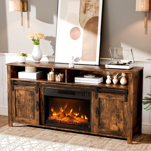 Bonnlo Rustic Fireplace TV Unit, TV Stand Cabinet with 23 Electric Fireplce, Electric Fire and Surround with Remote Control, Realistic Flame Effect, Entertainment Center for 70 TV