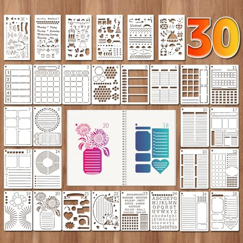 30 Stück PET Bullet Journal Schablonen Wiederverwendbare Zeichenschablonen | Schablone und Schablonen Textilgestaltung für DIY Bastelarbeiten Journaling Planung und Scrapbook Zubehör