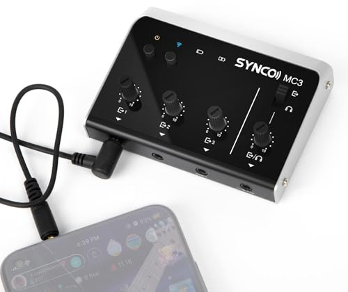 Synco Audio Mixer 4-Channel Output Simultaneously for Multi-device and Streaming Platform Interface Wireless 3.5mm Microphone DSP Chip Gain Control Real-Time Monitoring Smartphones Type-C Charging MC3
