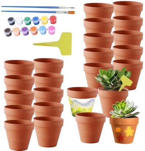SKIKHN Petits Pots en Terre Cuite,24 Pcs 5X5 cm Mini Pots de Fleurs en Terre Cuite avec Peinture&Pinceaux&Étiquette,Pot de Fleur Terre Cuite avec Trou de Drainage,Pot Terre Cuite pour Succulent,Cactus