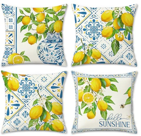 COZZSNUGE Federe Cuscini Divano 45x45 cm Limone, Set di 4 Copricuscino Frutto Estate Giallo Esterno Fattoria Poliestere Cuscini Decorativi per Letto Soggiorno Giardino