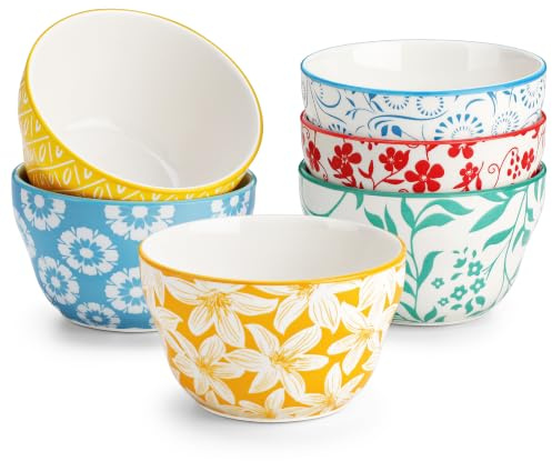 vancasso Selene Colour Porcelain Dessert Bowls Set of 6, 240ml Small Ceramic Bowls, Colourful Floral Bowls for Ice Cream, Dessert, Rice, Yogurt, Snacks, Dips & Side Dishes, Microwave & Dishwasher Safe