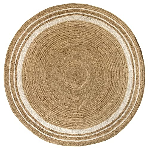HAMID Jute Teppich Rund, Alhambra Teppich Handgewebt 100% Naturfaser de Jute, Wohnzimmer, Schlafzimmer, Flurteppich, Farbe Natur/Weiß, (200x200cm)