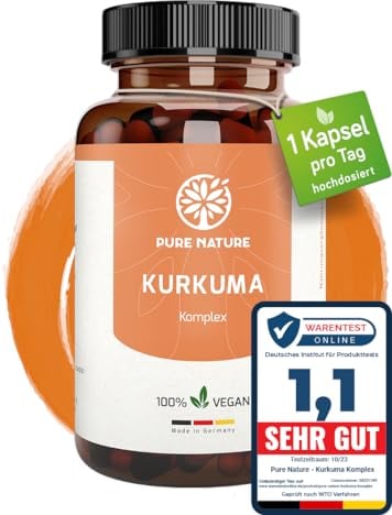 Pure Nature Kurkuma Kapseln Komplex HOCHDOSIERT [1 Kps/Tag I 12.000mg Curcuma] - Curcuma Kapseln hochdosiert mit Vitamin C & Piperin - 90 Kurkuma Kapseln - Hergestellt in DE