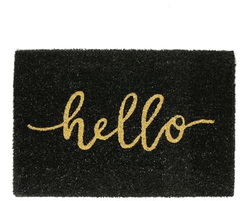 Nicola Spring Coir Door Mat - 60 x 40cm - Hello Black - Pack of 1 - Decorative Indoor Front Door Floor Mat Entry Dirt Trapper Rug Outdoor Boot Scraper Non Slip Backing Doormat