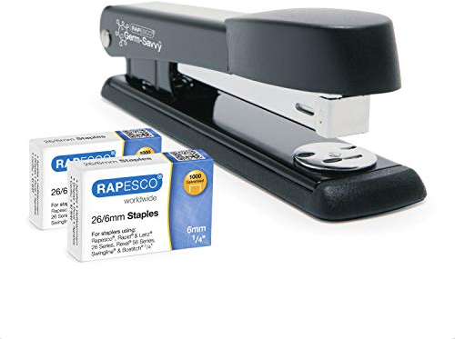 Rapesco 1602 Germ-Savvy Antibakteriell Marlin Heftgerät, 25 Blatt Heftleistung, Schwarz & 2000 x 26/6mm Heftklammern