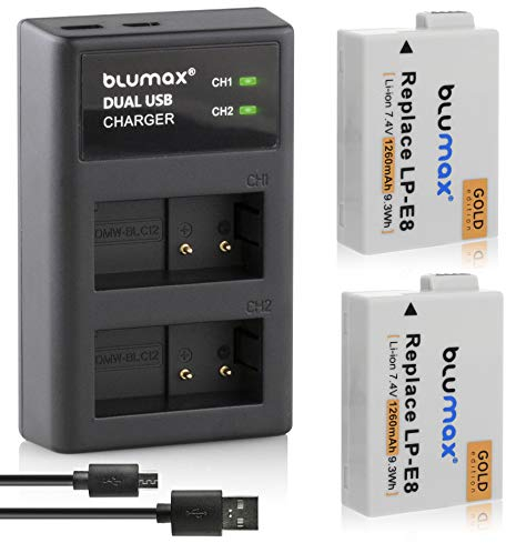 Blumax 2X Gold Edition Akku LP-E8 1260mAh + Dual-Ladegerät USB | kompatibel mit Canon EOS 550D 600D 650D 700D