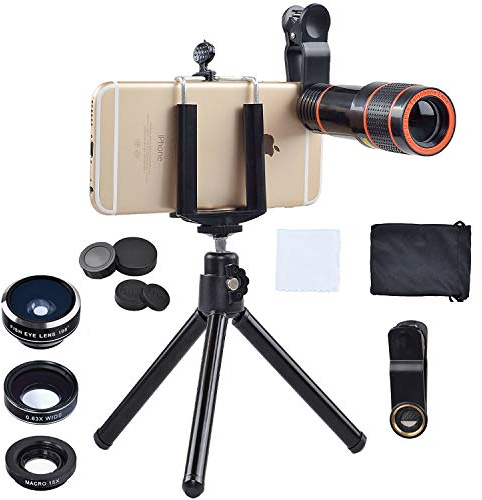 NEW FLASH APEXEL 4 In 1 Clip-On Phone Lens Kit,12X Telescope Camera Lens+198 Degree Fisheye Lens + 0.63X Wide Angle & 15X Macro Lens with Mini Tripod for Android Smartphone, Black