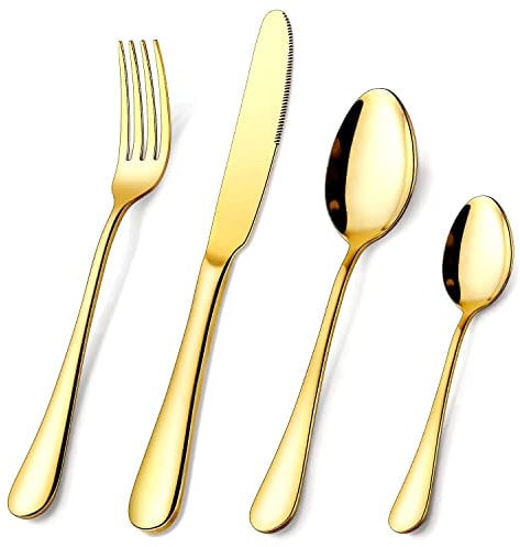 Gold Cutlery Set, OGORI 24 Piece Cutlery Set for 6 People,Mirror Polished Gold Flatware Set, Tableware Silverware Set with Spoon Knife and Fork Set, Service for 6