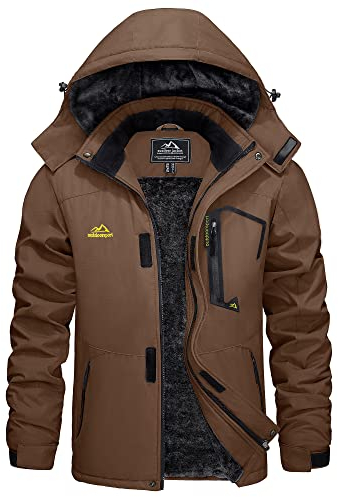 KEFITEVD Vestes de Pluie en Polaire d'hiver pour Hommes Vestes de ski Escalade Manteaux Multi-poches avec capuche, café, XXXL