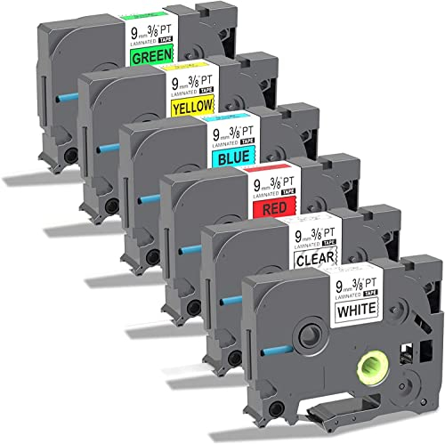 6 X Band Kompatible zum Brother P-touch Bänder TZe Schriftband TZ tape 9mm, als Ersatz für Brother Beschriftungsgerät Bänder P-touch PT-H105 PT-PH100LB PT-H110 PT-H107B PT-P300BT PT-D400