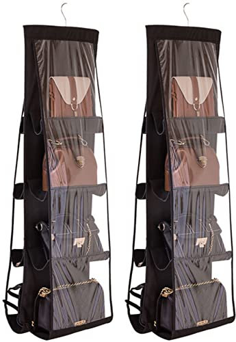 AARAINBOW 2 Packs Hanging Handbag Purse Organizer, Purse Bag Organizer Storage Hanging Bag Organizer for Closet Rack for Purses 8 Pockets Wardrobe Closet Space Saving, 41L*13.5W (B, 2 Black)