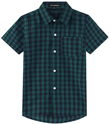 Spring&Gege Jungen Kurzarm Popeline Button Down Shirt Baumwolle Plaid Uniform Groß Kariert Dress Shirts, Grün/Marineblau Gingham, 164 170