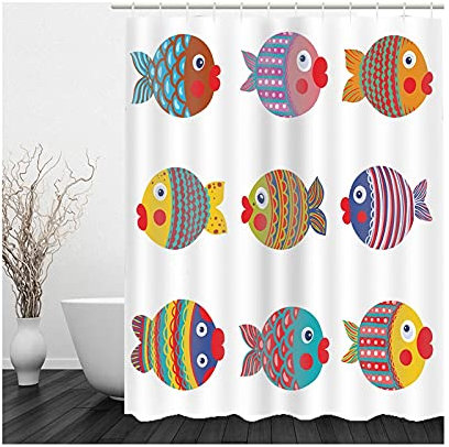 Banemi Duschvorhang Beschwerer, Duschvorhang Schimmelresistent Weiß Grau Bunte Fische 150X180cm für Eck Dusche mit 12 Duschvorhangringen