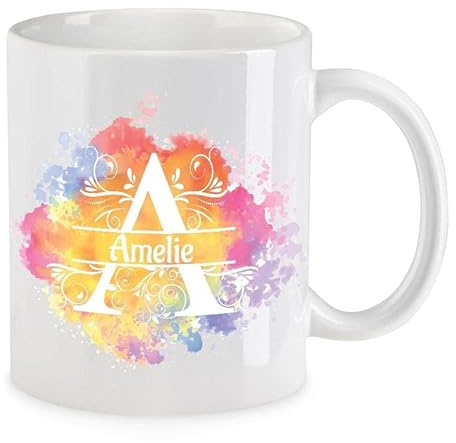 LoveGoals Kaffee-Tasse mit Buchstabe Monogramm personalisiert Aquarell-Motiv Initiale persönliche Geschenke weiß Keramik-Tasse