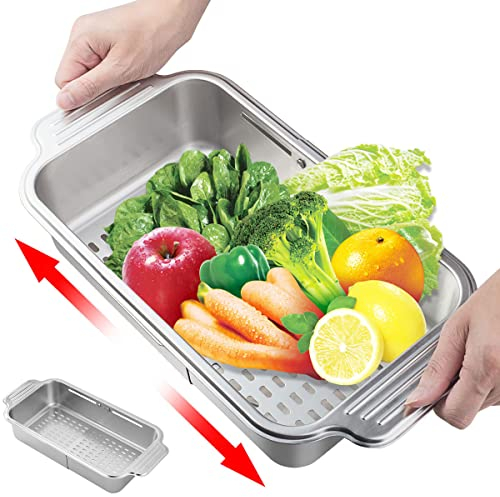 Colino per lavello in acciaio inox, allungabile sopra il lavandino, colino per colino, resistente al calore per verdure, frutta, pasta (17,32 x 20,26 x 7,5 cm)