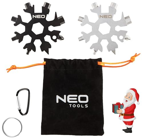 NEO TOOLS 19 in 1 Schneeflocken Multifunktionswerkzeug Männer Geschenke | Edelstahl Snowflake Multitool, 2 Stück mit Karabinerhaken, Schlüsselanhänger und Aufbewahrungstasche, Geschenke für Männer