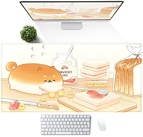 Cute Desk Mat Anime Cartoon Desk Pad Mouse Pad Kawaii Large Yellow Shiba Inu Gaming Mousepad XXL Laptop Keyboard Desktop Writing Pad Stitched Edge Desk Accessories for Girls Students 31.5''X15.7''