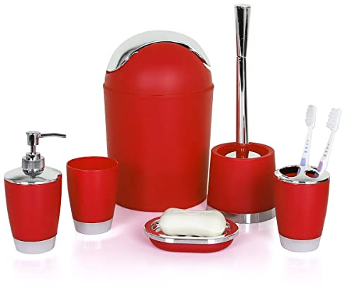 MR TANGMEN 6-teiliges Set Badezimmerzubehör, Mode Einfach Kunststoff Robustes Home Hotel Badset Toilettenbürste, Mülleimer, Zahnputzbecher, Zahnbürstenhalter, Lotionflaschen, Seifenschale Rot