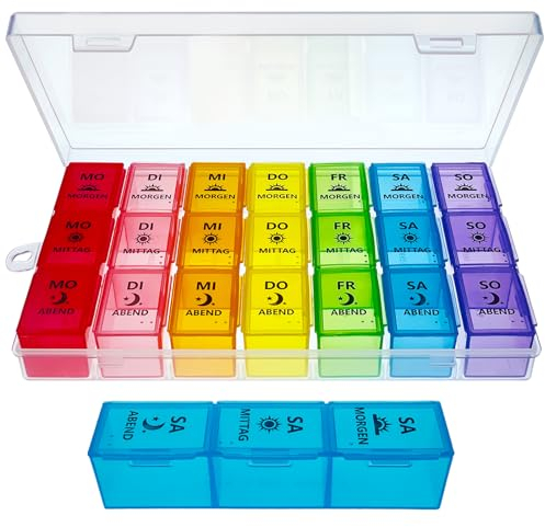 ZVZM Tablettenbox 7 Tage Morgens Mittags Abends, Pillendose 7 Tage, Tablettenbox 7 Tage 3 Große Fächer, Medikamentenbox 7 Tage 3 Fächer, Tabletten Organizer FüR Kinder äLtere und Arthritische HäNde.