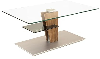 Vierhaus, 5632-WEIX-GKL, Glas/Masssivholz/MDF, höhenverstellbar, rollbar, Ablage, 100 x 60 x47-65 cm, Klarglas/Wildeiche geölt/Edelstahlfarbig