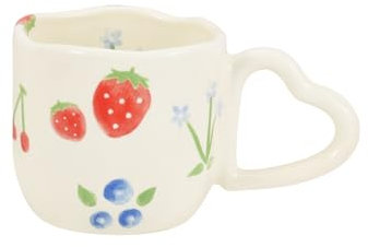 Koythin Taza de café de cerámica, taza de flores novedosamente impresa con mango en forma de corazón para oficina y hogar, 8.5 onzas/250 ml para té con leche con leche (fresas y flores azules)