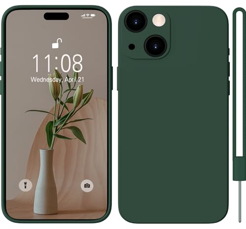 HGH für iPhone 15 Hülle Silikon mit 1 Lanyard, Handyhülle für iPhone 15 Case Ultra Dünne Rundumschutz mit Weichem Microfiber-Innenfutter Stoßfeste Kratzfest Schutzhülle für iPhone 15 - Dunkel Grün