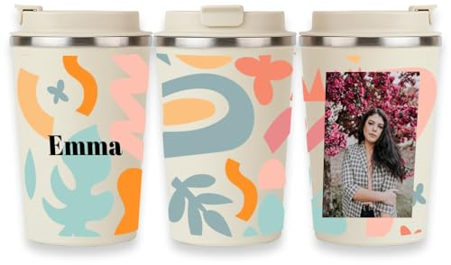 Wanapix | Termo Cafe Personalizado 350 ml | Personalizado con Nombre y Foto | Vaso Térmicos de Doble Capa | Taza para Llevar | Acero Inoxidable | Libre de BPA | Curvas Geometricas