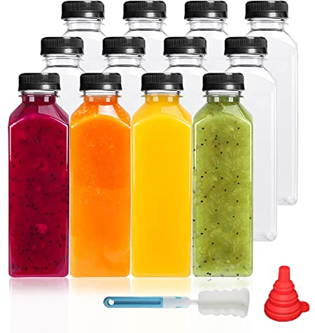 YBCPACK 12 botellas de zumo de plástico de 500 ml para rellenar, reutilizables, vacías, incluye cepillo de limpieza y embudo de silicona, ideal para mini frigorífico y exprimidor