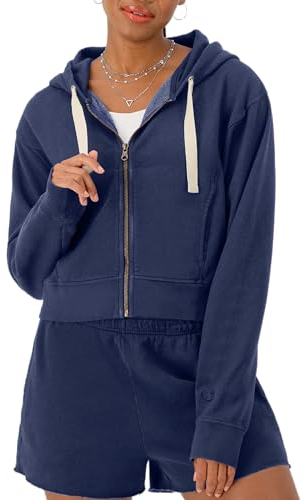 Champion Damen Sweatshirt Wash Zip Up Hoodie mit Vintage Waschung für Frauen Kapuzenpullover, Geblasenes Glas, Blau, XS