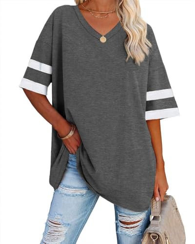 Ebifin Oversize T Shirt mit V-Ausschnitt Damen Kurzärmeliges Casual Lockere Basic Sommer Tee Shirts Bluse.Dunkelgrau.XXL