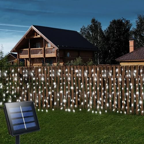 CCILAND Luci solari per tende da esterni, 6 m x 1 m, 300 luci a LED verdi a cascata, per camera da letto, giardino, patio, gazebo, decorazione, bianco freddo
