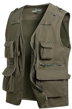 MeiLayM Herren Outdoor Weste Anglerweste mit Multi-Taschened Sommer Freizeit Baumwolle Weste Hundeweste Leicht Safari Weste Fotografie Weste Camping Wandern Ärmellos Jacke Armeegrün,L
