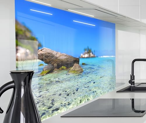 timalo Spritzschutz Wand für Herd, Küche Küchenrückwand Glasoptik | Acryl Glas 2mm | Glasrückwand Acrylglas Wandpaneele Rückwandschutz Platte | 80x60cm Meer Seychellen Felsen