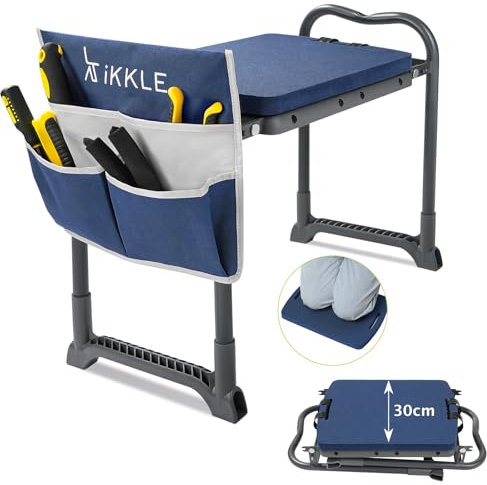 ikkle Garden Stool Kneeler and Seat Heavy Duty, Upgraded Folding Gardening Bench with Thicker Wider Detachable Kneeling Pad and Tool Store Pouches, Great Gift for Seniors - Blue (Patented)