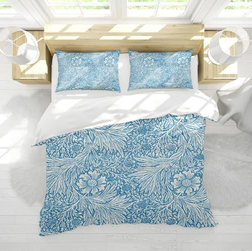 DINGSION Willam Morris Style Duvet Cover Set 3 Pieces Retro Style Blue Marigold Pattern Bedroom Bedding Set with 2 Pillow Shams Zipper 4 Ties Emperor