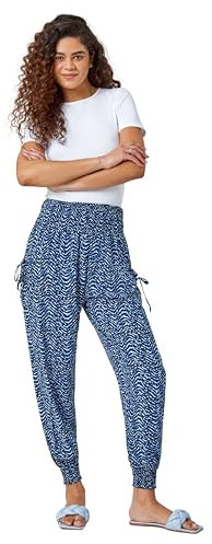 Roman Originals Wave Print Stretch Hareem Trousers for Women UK - Ladies Everyday Holiday Spring Summer Comfy Soft Evening Vacation Work Party Blue