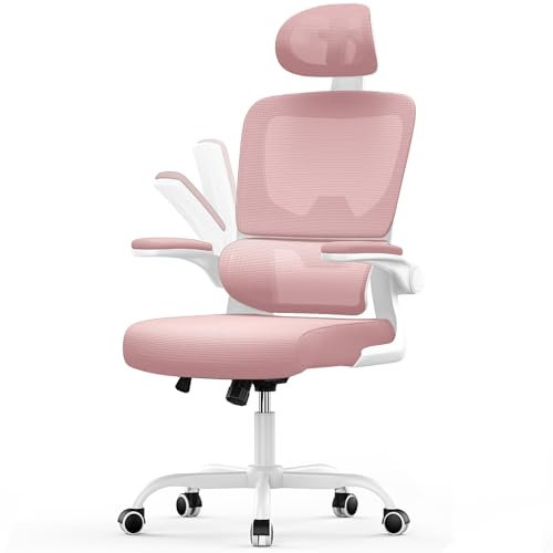 rattantree Ergonomischer Bürostuhl, Schreibtischstuhl mit Verstellbarer Kopfstütze und Armlehnen, C-förmige Lordosenstütze, Drehstuhl mit Rollen für das Home Office, Rosa