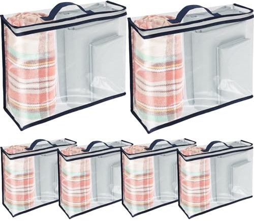 Confezione da 6 sacchetti trasparenti in PVC con cerniera e manico rinforzato sotto il letto, per lenzuola, coperte, antipolvere, trasparenti, per maglioni, lenzuola, trapunte, 40 x 30 x 10 cm (blu)