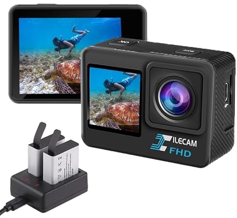 Xilecam Cámara Deportiva 1080P de Pantalla Dual Camara Acuatica WiFi 4 * Zoom 131 Pies (40 m) Camara Acuatica Sumergible con Batería 2X 1050 mAh y Accesorios Multifuncionales Cámara Deportiva (L300)