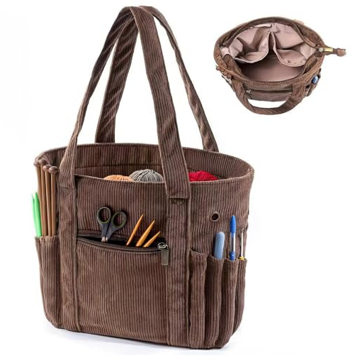 RAORAOYUE Corduroy Yarn Storage Organizer Bag, Khaki | Knitting Bag Crochet Bag Organizer, Knitting Needles and Accessory, Crochet Travel Bag for Mom Women