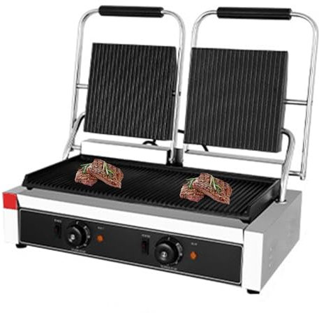 QUTBAG Electric Panini Press Grill, Commercial Contact Sandwich Toast Maker with 50-300℃ Temperature Control, Non-Stick Hamburger Baking Machine for Making Breakfast, Steak, Hamburgers Double Head