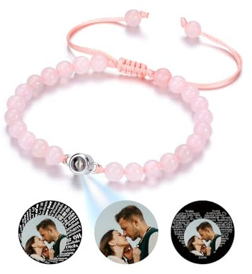 JSDDE Photo Crystal Bracelet Personalised Projection Bracelets with Picture inside Customized Memorial Adjustable Rose Quartz Crystal Bracelets for Men Women Friends Gifts