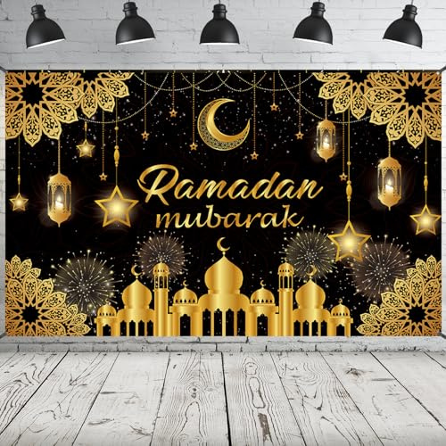 Ramadan Mubarak Banner, Extra große Stoff Eid Kareem Hintergrund für Dekorationen, 72 x 44 Zoll Stern Mond Laternen Schlösser Photo Booth Hintergrund für islamische Muslimische Al-Fitr Party Supplies