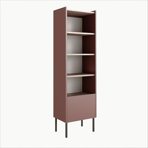 PLATAN ROOM Regal 50 x 35 x 173 cm – Standregal mit offenen Fächern und Türen, Bücherregal mit Push-to-Open, Metallfüße, Egger-Platte, Wohnzimmer oder Büro, matt (Rostrot/Akazie Lakeland)