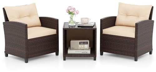 GYMAX 3-teiliges Terrassenmöbel-Set, Rattan Gartenmöbel Set mit 1 Tisch & 2 Stühlen, Balkon Set mit Sitzkissen & Rückenkissen, Balkonmöbel Set 3 teilig für Garten & Balkon